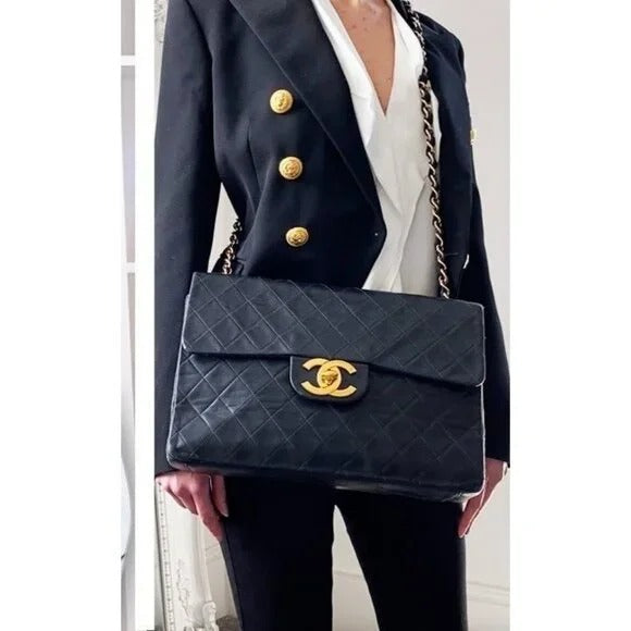 Authentic CHANEL Jumbo Maxi XL 24K Gold Flap Bag Lambskin Chain Shoulder Black